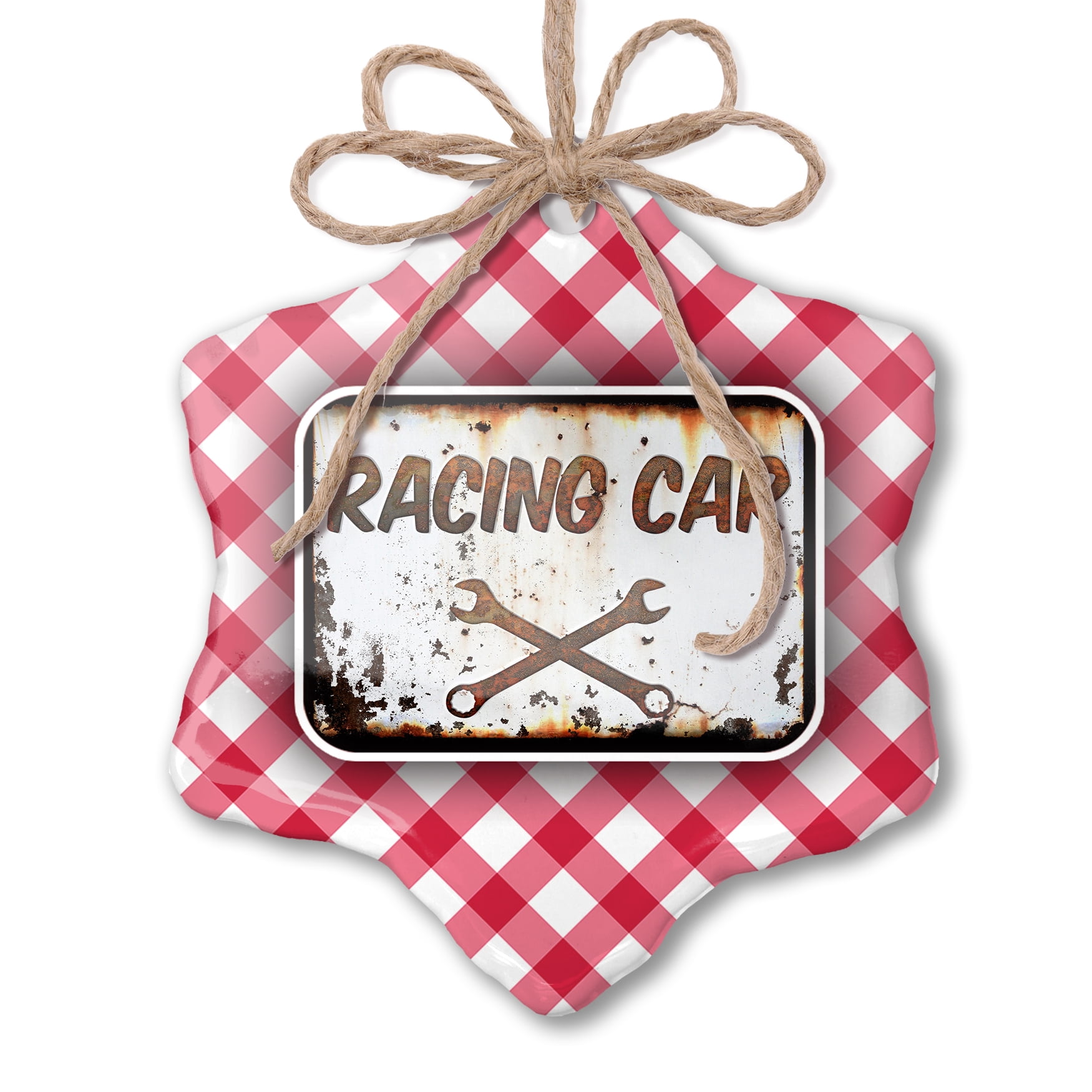 Christmas Ornament Rusty old look car Racing car Red plaid Neonblond ...