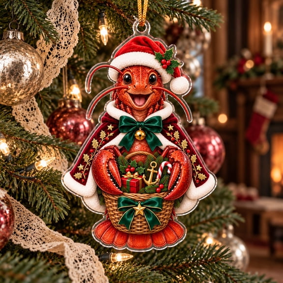 Christmas Ornament, Santa Lobster Acrylic Tree Hanging for Coastal Decor Lovers