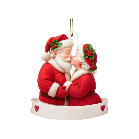 Christmas Ornament Santa and Mrs Claus Kissing Figurine Holiday Decoration Hanging Resin Craft for Tree Home Office Party A