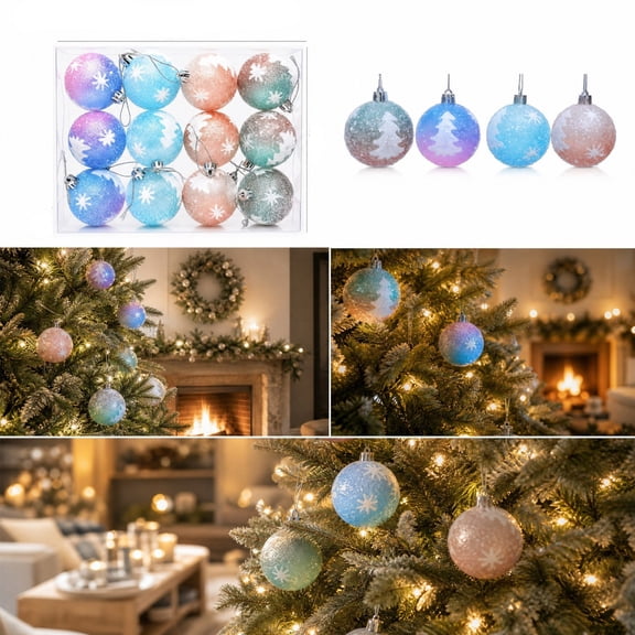 Christmas Ornament Set, 12-Piece Flocked Baubles, Holiday Tree Decor Kit, Displays Variety of Shapes and Hangs Lightly for Tree Branches, Wreath Display, and Window Frame.