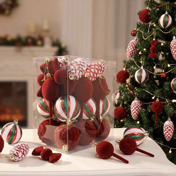 Christmas Ornament Set, 30-Piece Flocked Baubles, Holiday Tree Decor Kit, Offers Assorted Styles and Hangs Easily with Caps for Tree Branches, Wreath Display, and Party Backdrop.