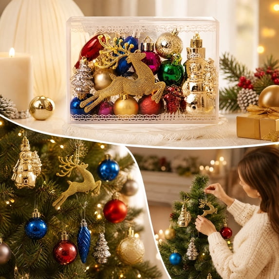 Christmas Ornament Set, Assorted Hanging Baubles Gift Box, Shiny Holiday Tree Decorations with Multiple Styles for Christmas Tree, Mantel, Entryway and Party Backdrop Display