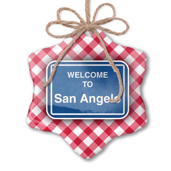 Christmas Ornament Sign Welcome To San Angelo Red plaid Neonblond