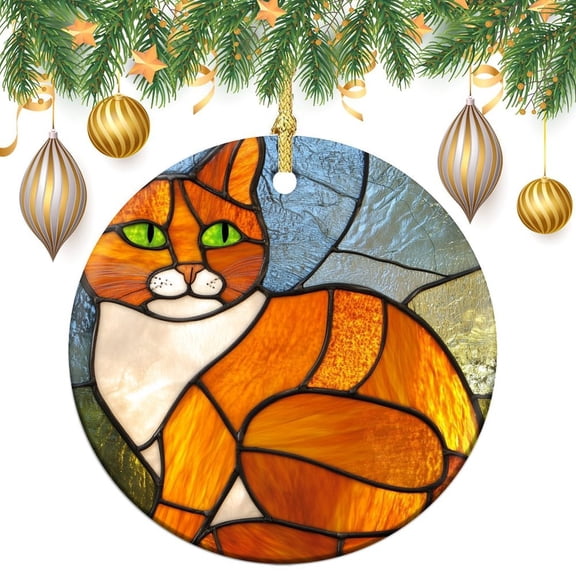 Christmas Ornament Stained Glass Depiction of An Orange Cat Customized Round Ceramic Ornament Cat Theme Personalized Christmas Ornaments Holiday Present