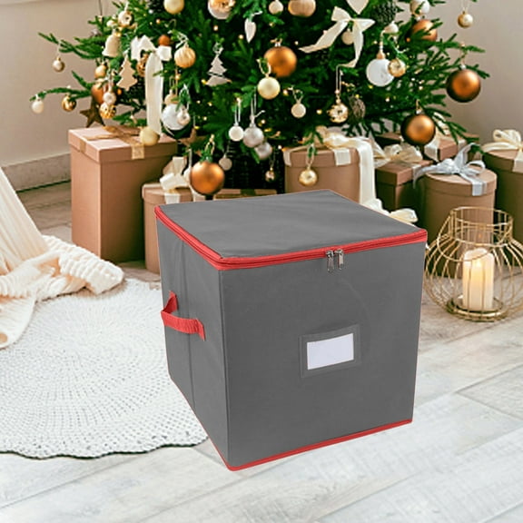 Christmas Ornament Storage Box with 64 Adjustable Compartments, Decoration Organizer with Zipper Closure, Foldable Holiday Decor Container, 33x33x33cm