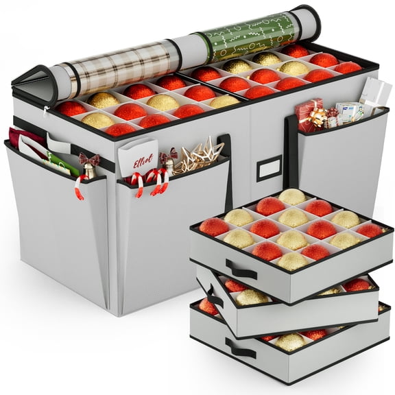 Christmas Ornament Storage Box with 8 Trays, Christmas Storage Container for 128-3'' Holiday Ornament Decorations, Large Xmas Organizer with Adjustable Dividers, Dual Zipper and Pocket