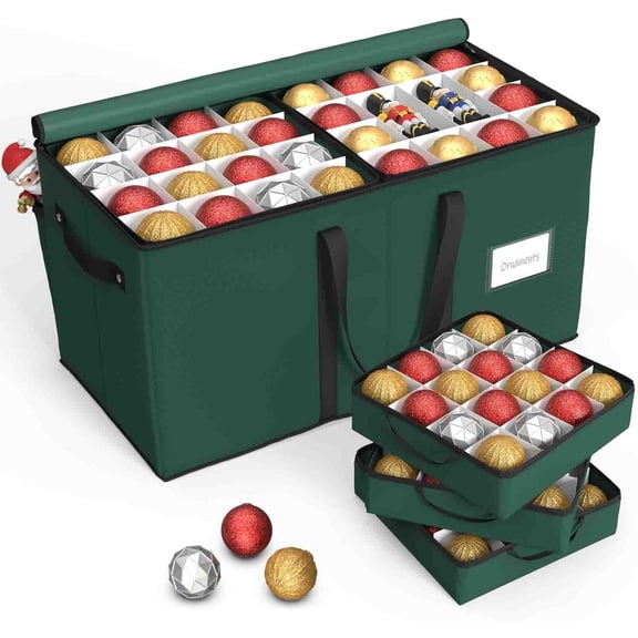 Christmas Ornament Storage Box with 8 Trays, Fits 128 Holiday Ornament Christmas Storage Container with Adjustable Dividers, Dual Zipper, 600D Oxford Christmas Decorations Storage(Deep Green)