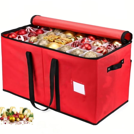 Christmas Ornament Storage Box with Adjustable Dividers for 128 3-inch Ornaments, Dual Zipper, 600D Tear-Proof Material Storage Container(Red)