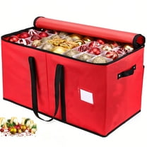 Christmas Ornament Storage Box with Adjustable Dividers for 128 3-inch Ornaments, Dual Zipper, 600D Tear-Proof Material Storage Container(Red)