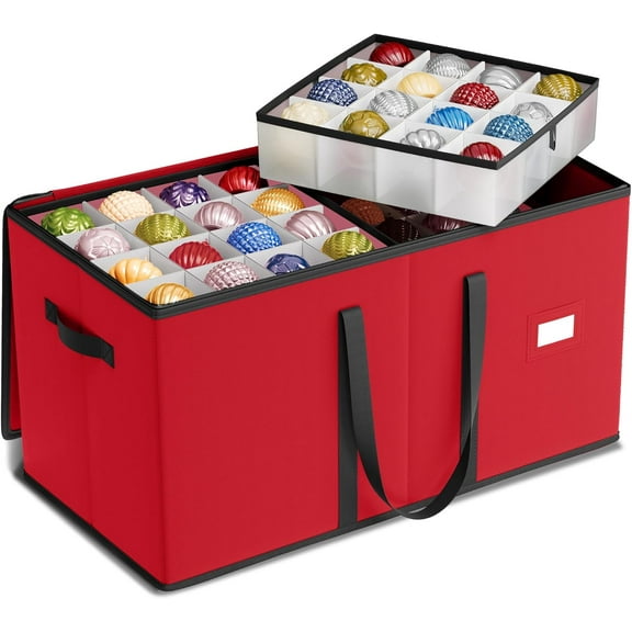 Christmas Ornament Storage Box, Dual Zippers, Stackable Christmas Storage Container with Lid, 8 Trays, 600D Oxford, 3-Inch 128 Slots, Cherry Red