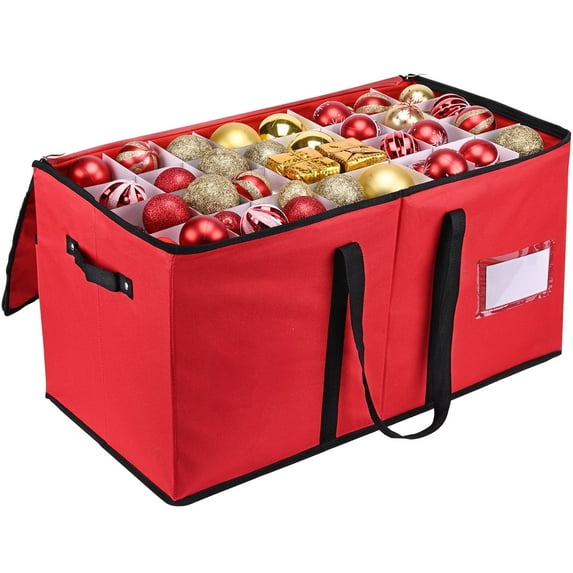 Christmas Ornament Storage Box, for 128 Pieces of Holiday Decoration Ornaments,600D Tear-Proof Fabric Xmas Decor Organiser with Adjustable Dividers & Double Zip Closure (Red)