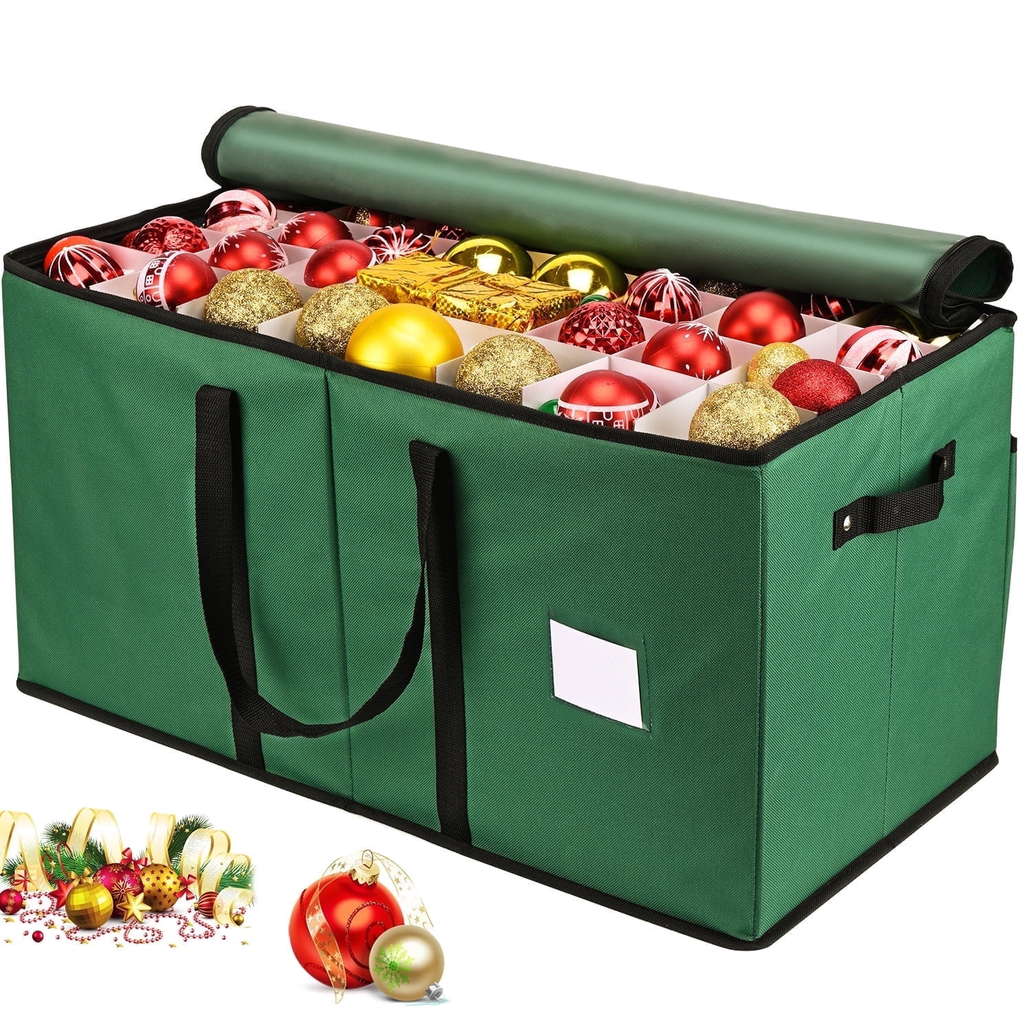 Christmas Ornament Storage Box Holds 128 Holiday Ornaments 3 inch, Adjustable Dividers, 600D Oxford Cloth Tear-Proof Xmas Decoration Organizer, Green
