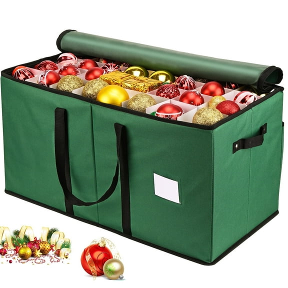 Christmas Ornament Storage Box Holds 128 Holiday Ornaments 3 inch, Adjustable Dividers, 600D Oxford Cloth Tear-Proof Xmas Decoration Organizer, Green