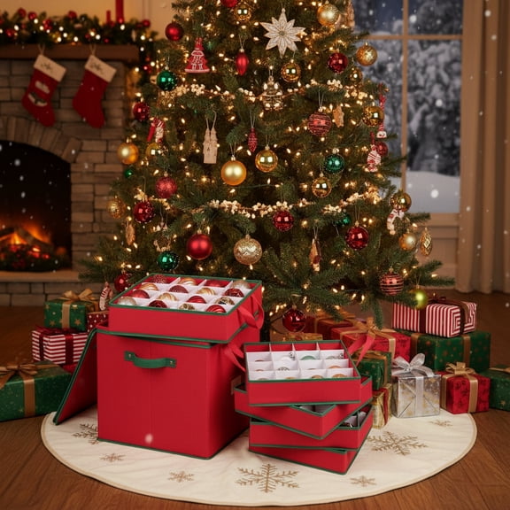 Christmas Ornament Storage Box, Holiday Decoration Organizer with Adjustable Dividers, Zippered Closure, 4 Removable Trays, 64 Christmas Ball Accessories Holder, 600D Oxford