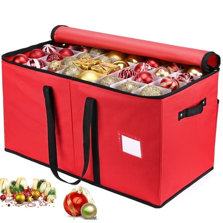 Christmas Ornament Storage Box, Holiday Ornament Organizer with Adjustable Dividers Holds 128 Ornament 3 inch, 600D Oxford Cloth Tear-Proof, Red