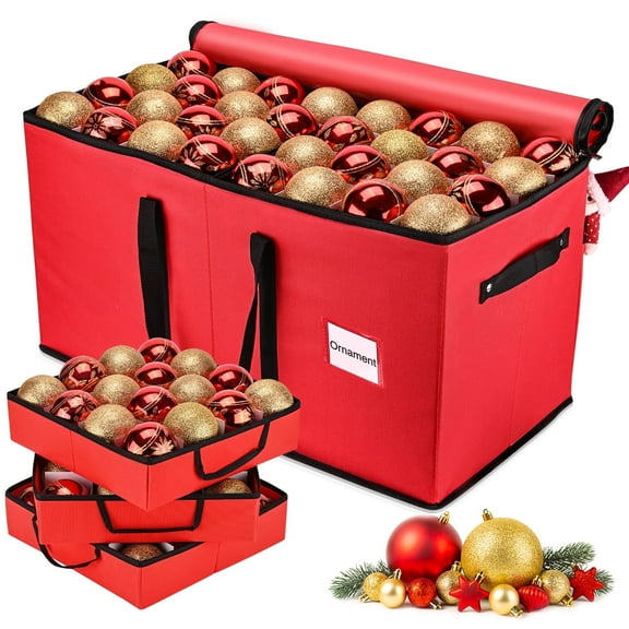 Christmas Ornament Storage Box, Ornament Storage Container with 8 Trays, Holds 128 Ornaments (3-inch) 600D Oxford Fabric & Dual Zipper Closure (Red)