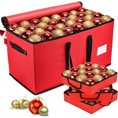 Christmas Ornament Storage Box, Ornament Storage Container with 8 Trays-Xmas, 128 Holiday Ornaments 3-Inch, Red