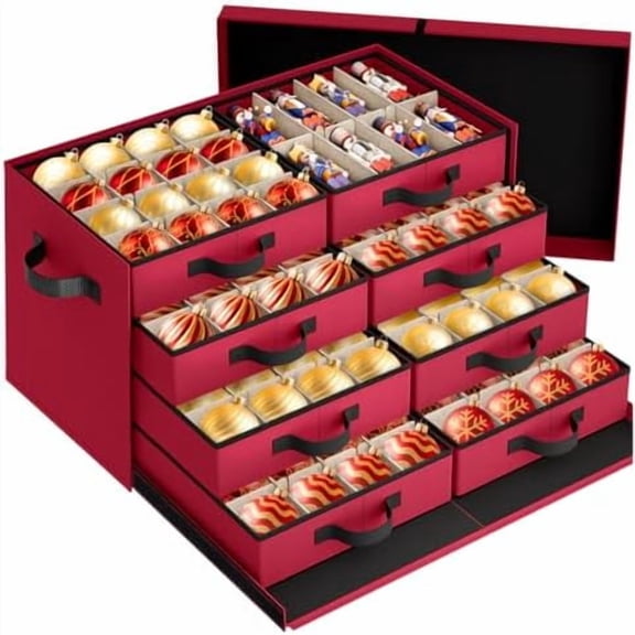 Christmas Ornament Storage Box - Ultra Large Drawer Ornament Organizer with 8 Separate Trays & Adjustable Dividers, Portable Ornaments Box with Cover & Handle for Holiday Decorations(Red)