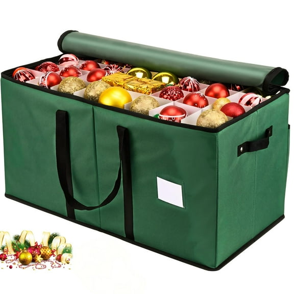 Christmas Ornament Storage Box with Adjustable Dividers for 128 3-inch Ornaments, Xmas Decoration Organizer with Dual Zipper, 600D Oxford Cloth-Green