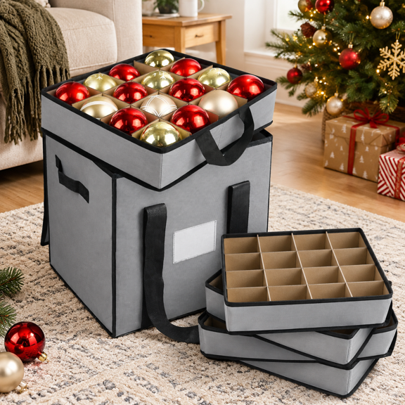 Christmas Ornament Storage Box with Dividers, Gray, Holds 64 Balls
