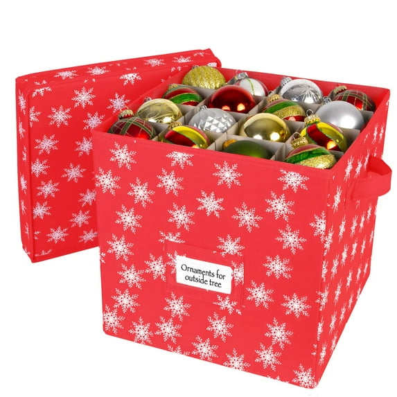 Hold N' Storage Christmas Ornament Storage Box with Lid. Stores up to 64- 3” Ornaments – Red/White Snowflakes