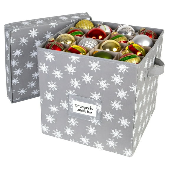Christmas Ornament Storage Box with Lid - Fits up to 64 3" Ornaments Holiday Cube - Grey/White Snowflakes