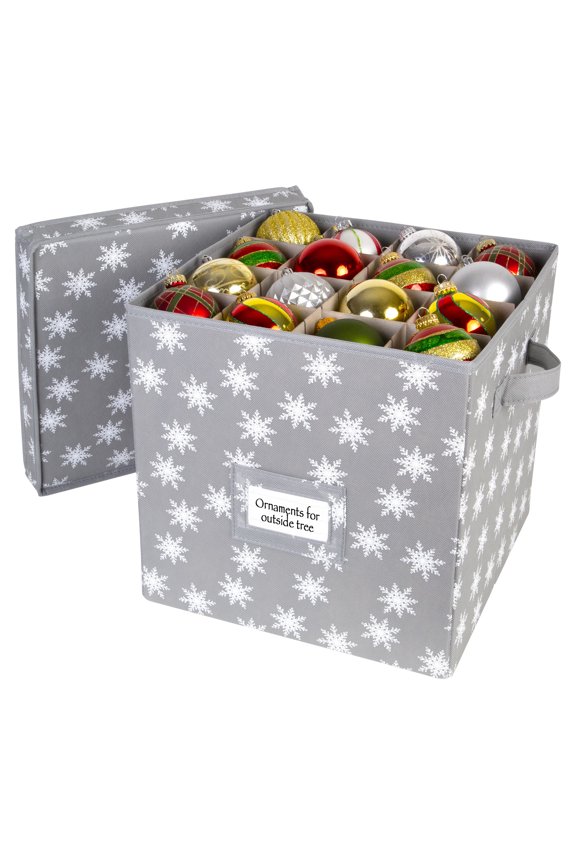 Christmas Ornament Storage Box with Lid - Fits up to 64 3" Ornaments Holiday Cube - Grey/White Snowflakes