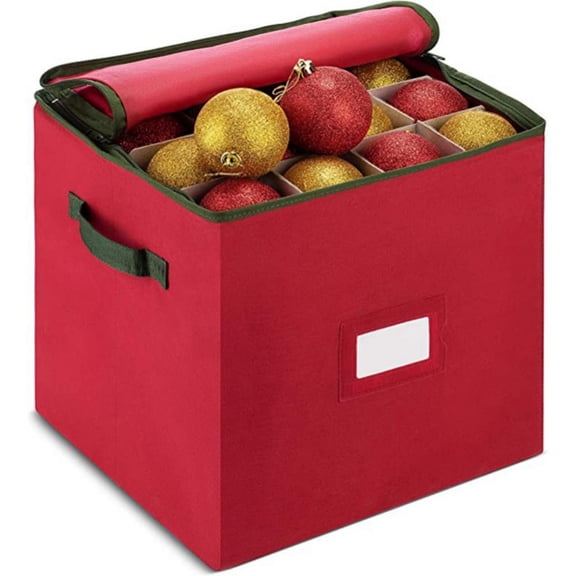 Christmas Ornament Storage Container with Dual Zipper Closure - Box Contributes Slots for 64 Holiday Ornaments 3-Inch, Xmas Decorations Accessories, Made of Nonwoven Material, Red, 13 x 13 x 13 In
