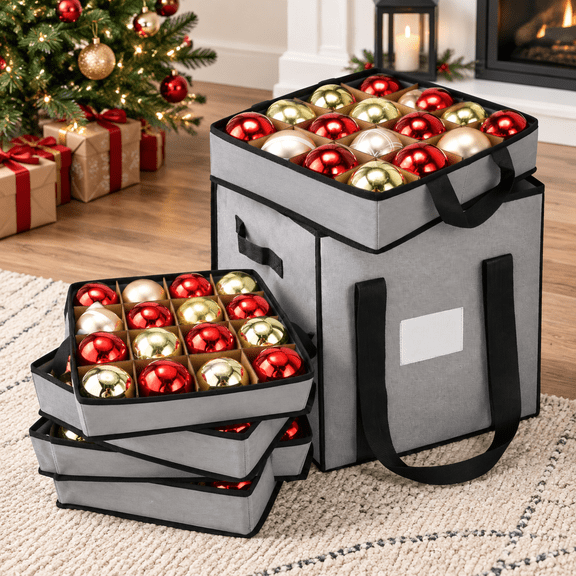 Christmas Ornament Storbox With Dividers Holds 64 Balls Gray