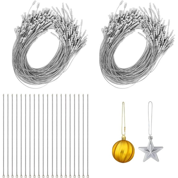Christmas Ornament String Hangers, 200 Pcs Christmas Tree Ornament String Hooks Precut Ornament Ribbon Hangers Locking Ropes for Halloween Christmas Decorations - Silver