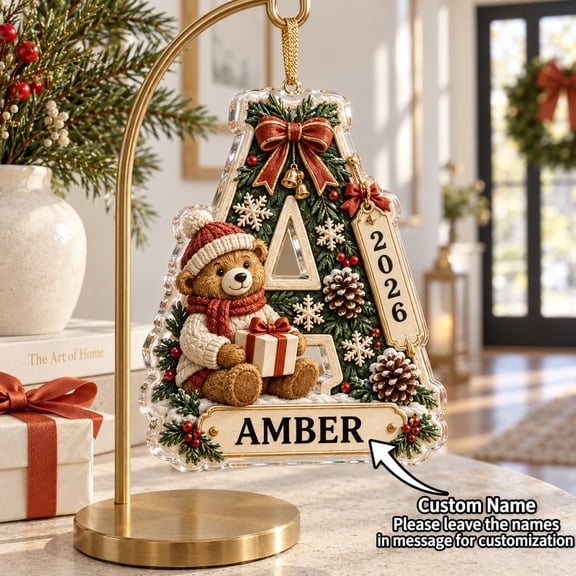 Christmas Ornament Teddy Bear Initial Acrylic Hanging Decor Holiday Gift