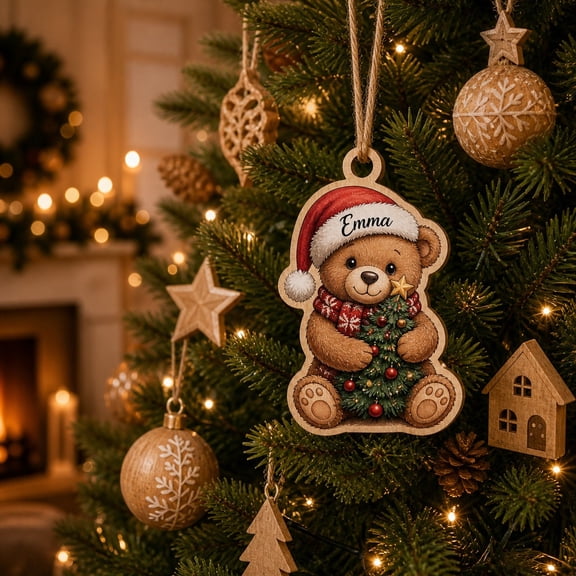 Christmas Ornament Teddy Bear in Santa Hat Wood Tree Hanging Gift for Holiday Decor