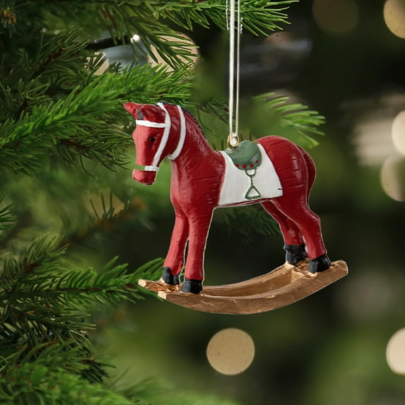 Christmas Ornament, Vintage Christmas Decoration, Resin Rocking Horse Pendant for Holiday Tree Decor, Small Dimensional Festive Ornament for Home, Wedding, Party, White Green Red