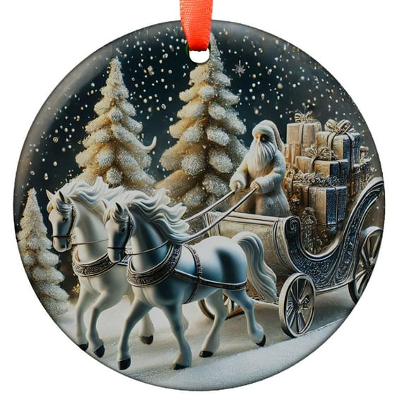 Christmas Ornament Vintage Santa Sleigh Ride Snow Scene, Santa Claus in Sleigh with Horses, Holiday Tree Decoration, Holiday Keepsake, Xmas Tree Hanging Decoration, Seasonal Gift I
