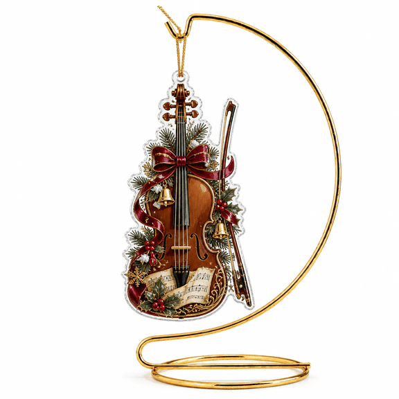 Christmas Ornament Violin Evergreen Bow Acrylic Hanging Tree Decor for Musicians