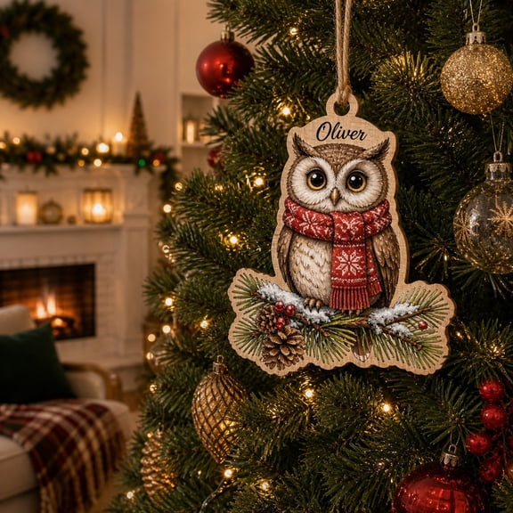 Christmas Ornament Winter Owl Scarf Wooden Tree Hanging for Owl Lovers