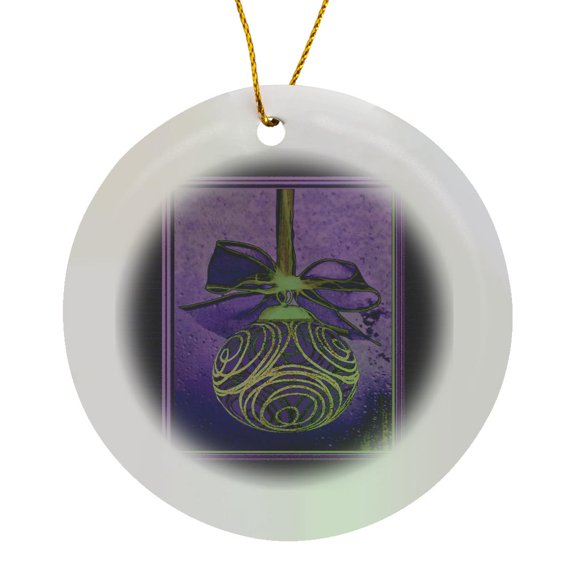 3drose, Christmas Ornament with Bow, Gold and Purple, Circle Porcelain Ornament