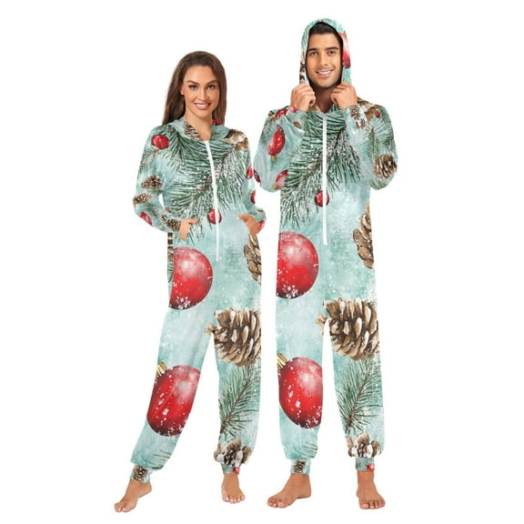 Christmas Ornament and Pine Cones Adult Onesie Pajamas Slim Fit Christmas One Piece Suit Pjs for Women and Men Hooded Zipper