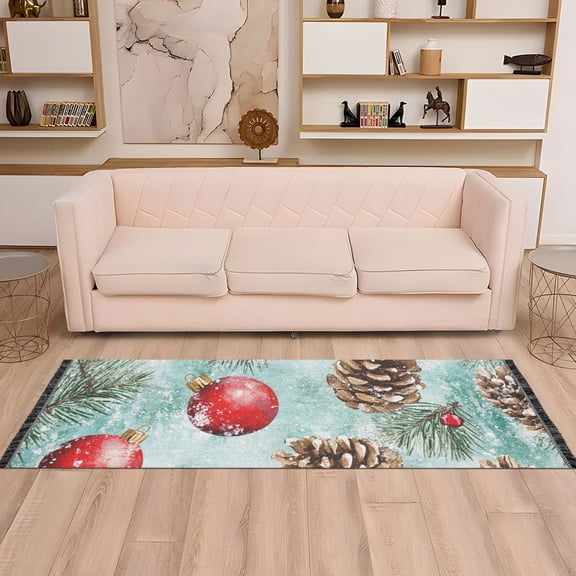 Christmas Ornament and Pine Cones Runner Rug Non-Slip Area Rugs Linen Washable Non Shedding for Kitchen Bedroom Carpet