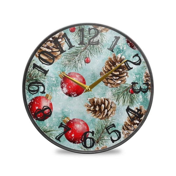 Christmas Ornament and Pine Cones Wall Clock 10 Inch Silent Non Ticking Battery Operated Easy to Read for Kitchen Living Room