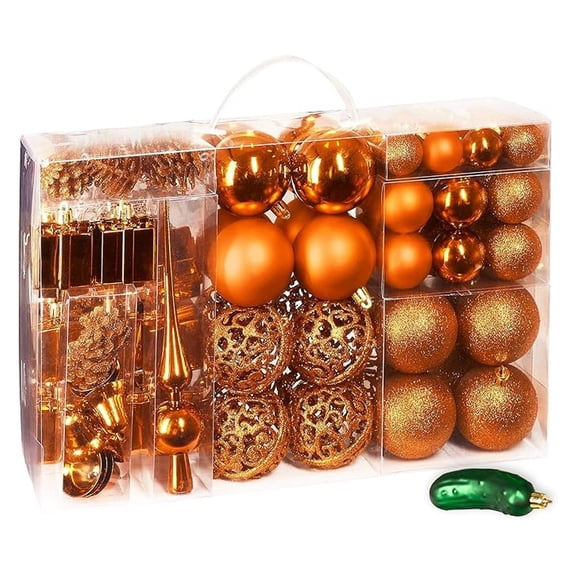 Christmas Ornaments 101 Piece Set - Shatterproof Balls - with Pickle & Tree Topper - Orange Holiday Decorations - German Design - For Christmas Tree Decor