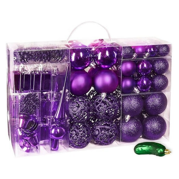 Christmas Ornaments 101 Piece Set - Shatterproof Holiday Decorations with Pickle & Tree Topper - German Design - Xmas Tree Ornaments for Holiday Decor