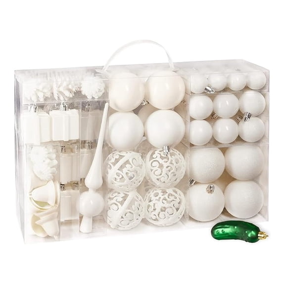 Christmas Ornaments 102pc Set - Shatterproof Christmas Balls - German Pickle Ornament & Tree Topper - Holiday Decorations