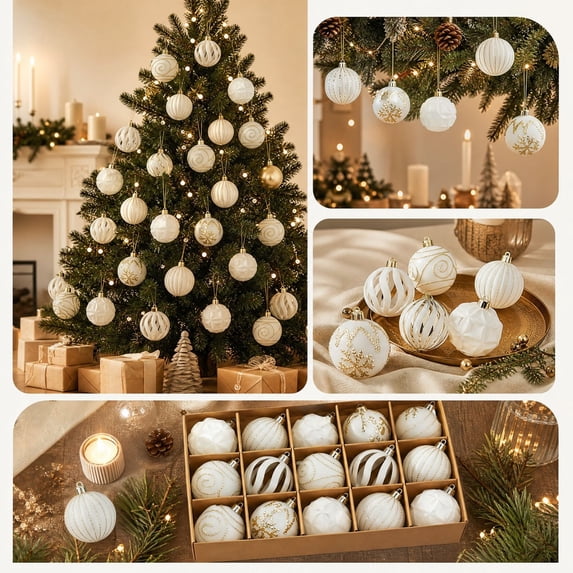 Christmas Ornaments 12 Pack Ivory White Painted Tree Hanging Balls 2.36 Inch Plastic Holiday Decor Set for Xmas Tree Party Home