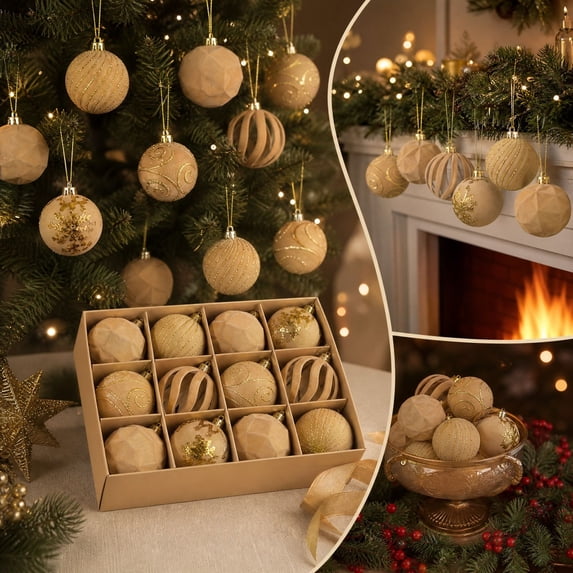 Christmas Ornaments 12 Pack Khaki Painted Tree Hanging Balls 2.36 Inch Plastic Holiday Decor Set for Xmas Tree Party Home