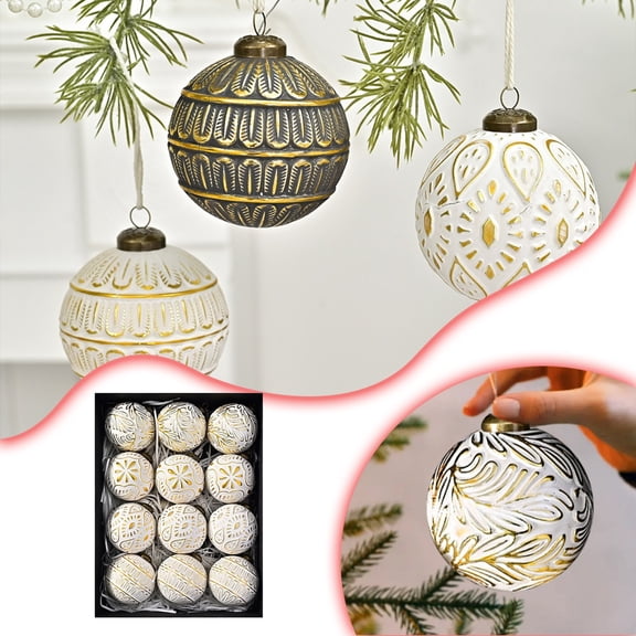 Christmas Ornaments, 12 Piece Embossed Gold Shatterproof Hangings Exquisite Suitable for Christmas Tree Indoor and Outdoor, Christmas Gifts(White Gold)