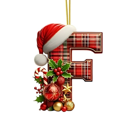 Christmas Ornaments 2D Acrylic Monogram Letters,DIY Hanging Pendants With Santa Hat Design and Cute Patterns,Xmas Tree Wall Door Fireplace Decorations for Home Party Holiday Celebration-F