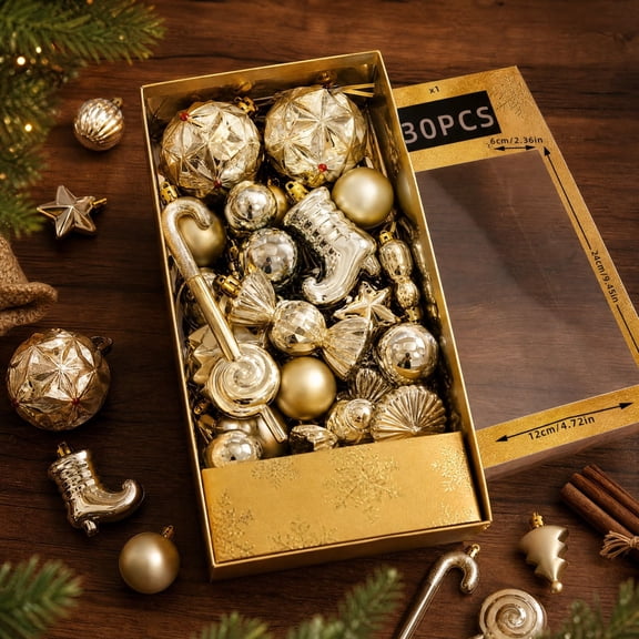 Christmas Ornaments 30-Piece Gold Shatterproof Tree Decorations Deluxe Hanging Baubles with Gift Box for Holiday Party Home Decor