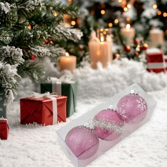 Christmas Ornaments, 3pcs Pink Glitter Christmas Balls Set with Silver Cap and Snowflake Pattern Shatterproof Tree Hanging Decorations for Holiday Home Party Decor 2025 Trend Collection