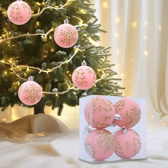 Christmas Ornaments, 4PCS Brown Velvet Flocked Christmas Balls with Gold Snowflake and Tree Pattern Hanging Decorations for Tree Garland Wreath Holiday Party Decor